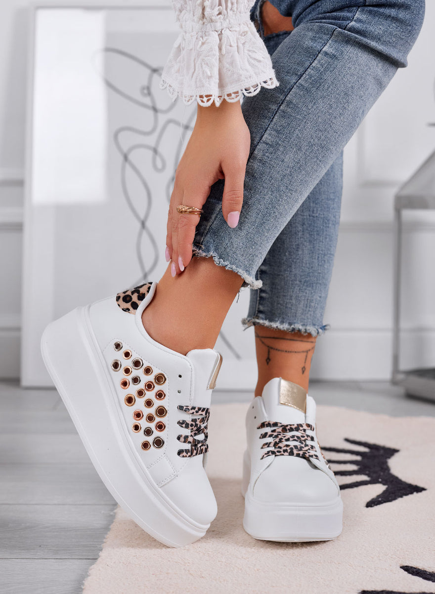 RAFFAELLA White perforated sneakers with eyelets and animal print inserts