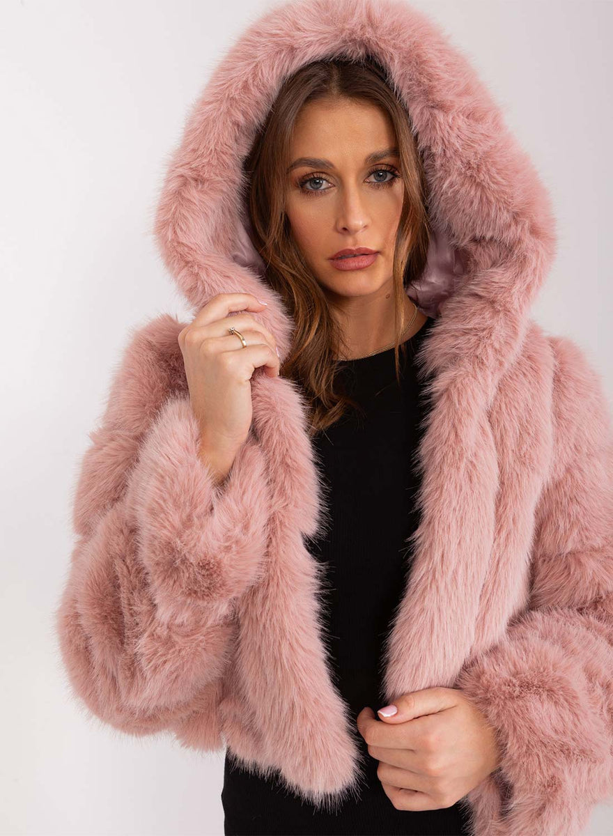 Short faux fur jacket with long pink hair hood – Alexoo