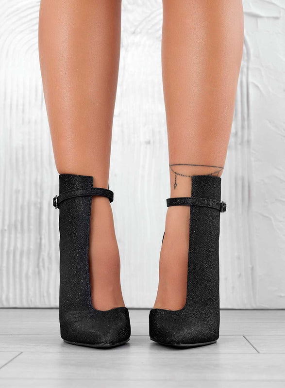 ADELAIDE - Bottines noires pailletées avec ouverture latérale et talon haut aiguille