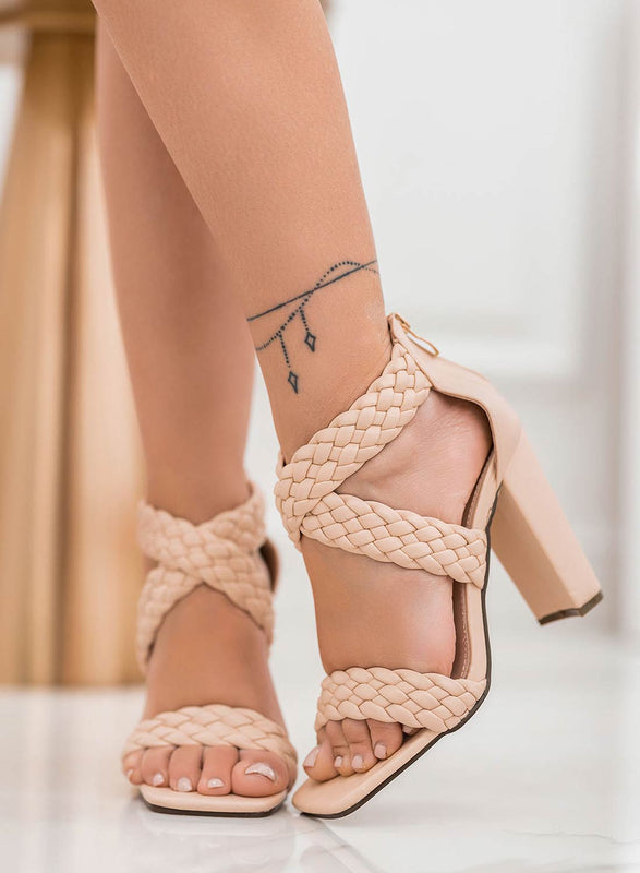 DOMINIK - Nude sandals with braided straps and block heel