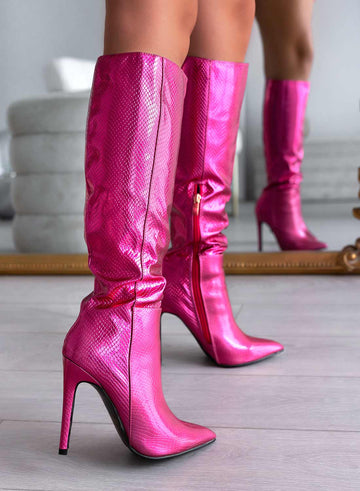 BRENDA - Bottes fuchsia métalliques Alexoo à talons hauts