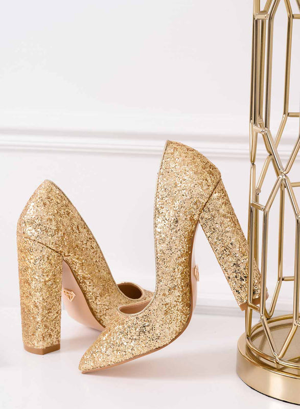 CAROLA - Gold glitter pump with comfortable heel