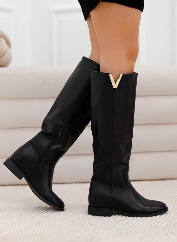 RANDA - Black imitation leather boots with internal wedge