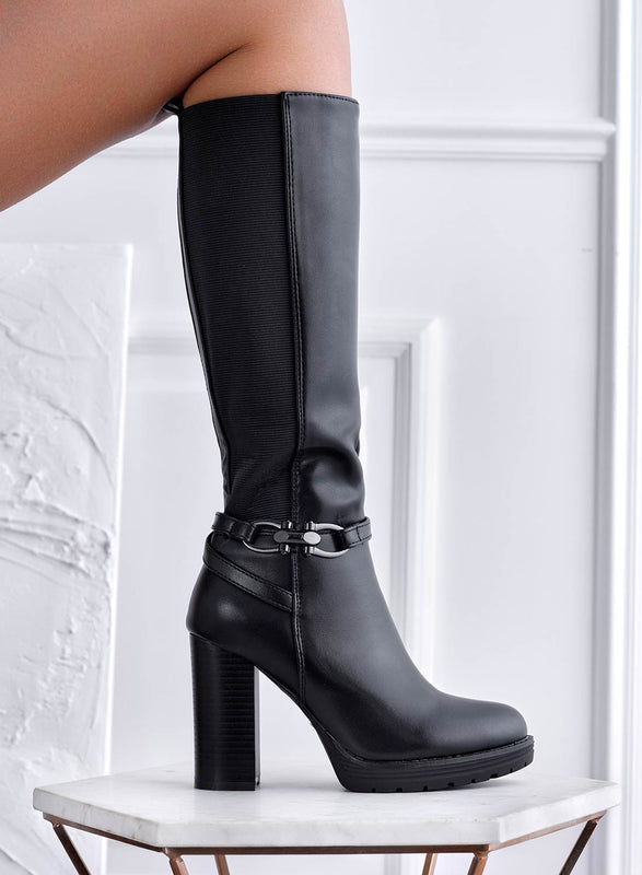 FALLS - Black boots with 10cm heels and elasticated calf