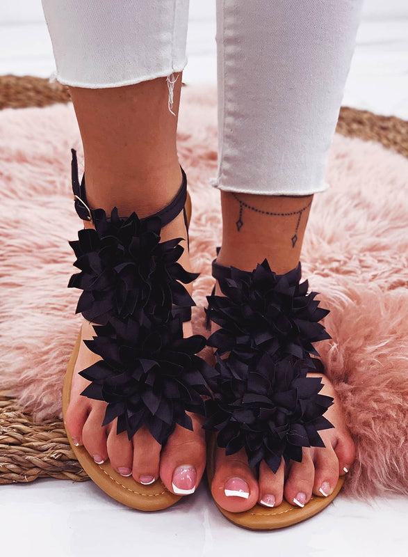 CONNIE - Black satin thong sandals with applied flower