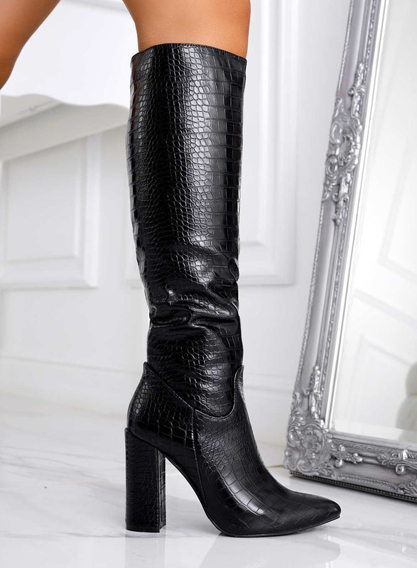 WENDY - Black boots with crocodrille print and high heels