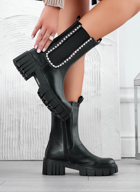 JASPER - Black ankle boots with elastic and jewel band