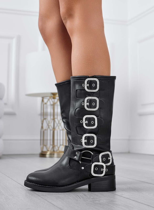 STELLA - Black ankle boots with jewel buckles