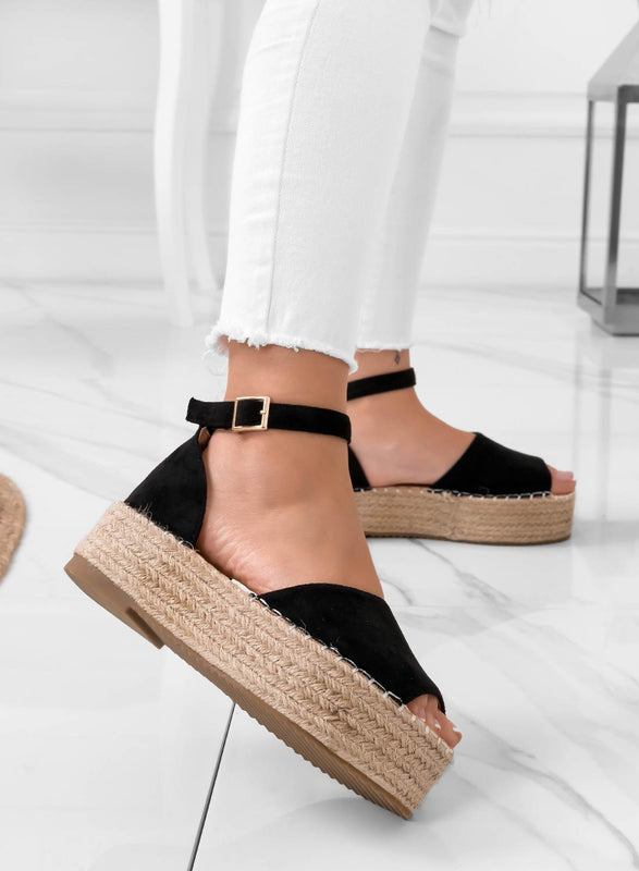 LICIA - Black suede espadrilles with wedge and ankle strap
