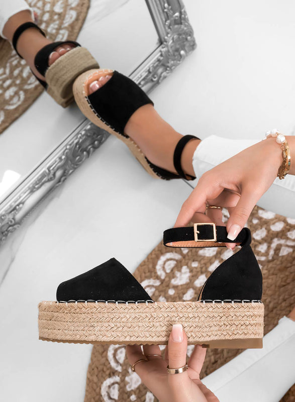 LICIA - Black suede espadrilles with wedge and ankle strap