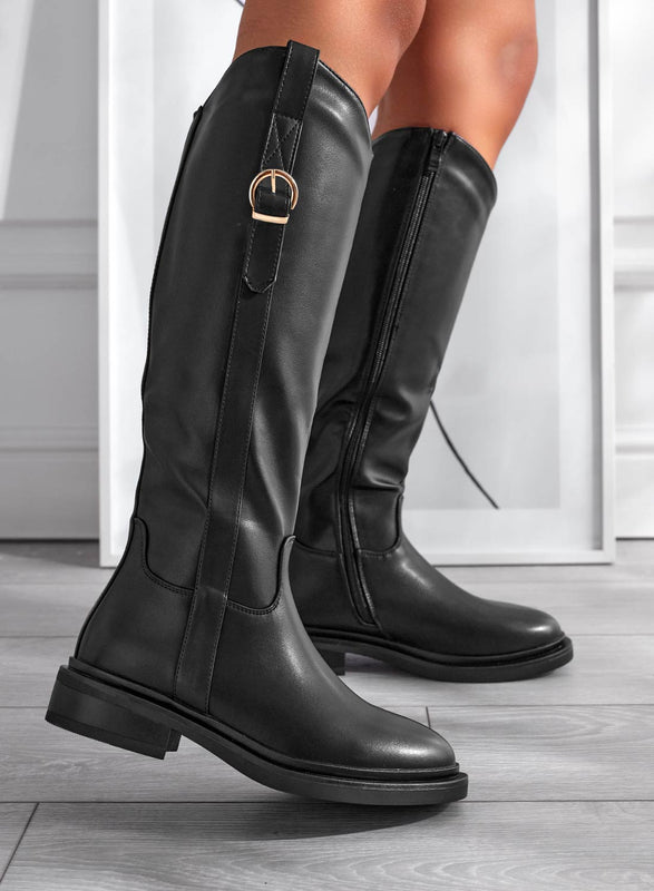 BRIANNA - Black boots with side gold buckle