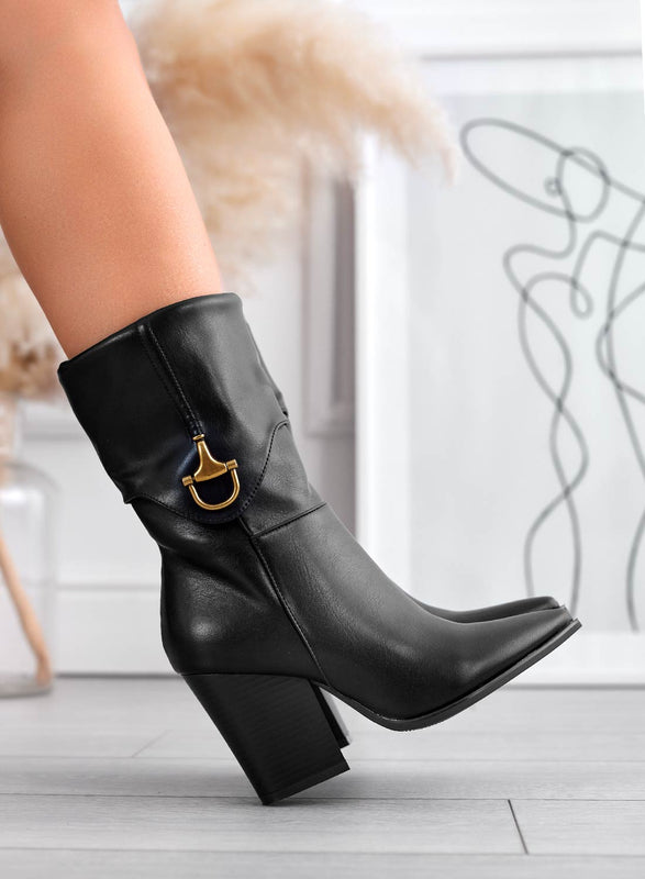 Black ankle boots with comfortable heel and gold embellishment