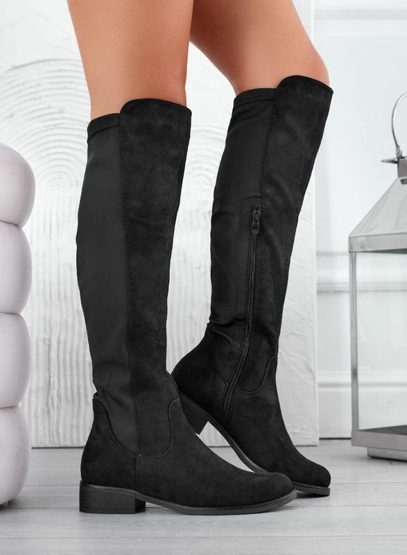 GABRIEL - Black thigh high boots with elastic fabric back