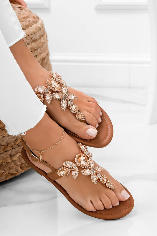 FLOW - Camel thong sandals with rhinestones