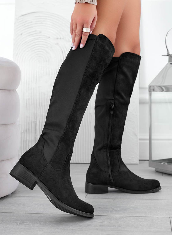 GABRIEL - Black thigh high boots with elastic fabric back