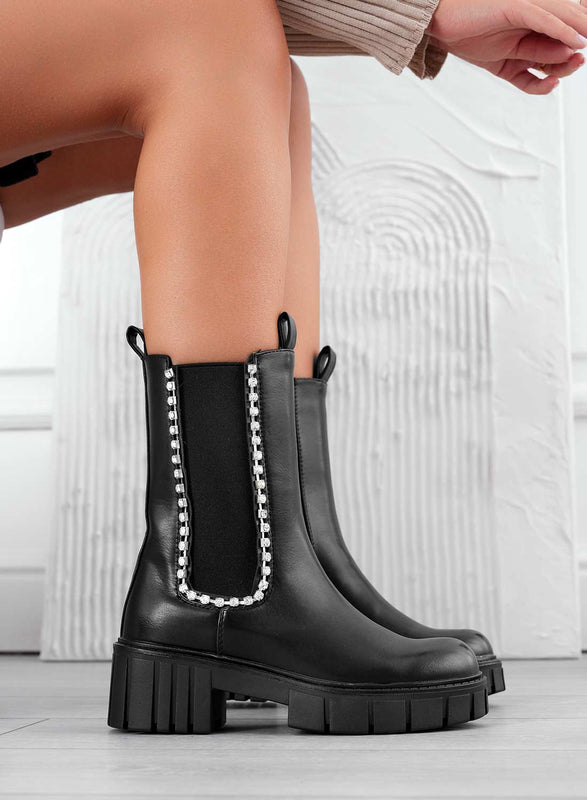 JASPER - Black ankle boots with elastic and jewel band