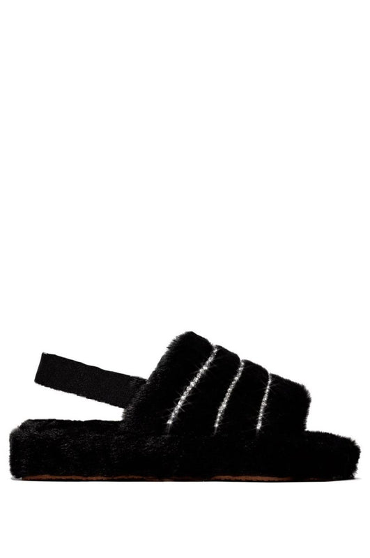 LEYLA - Black faux fur slippers with elastic band and rhinestones