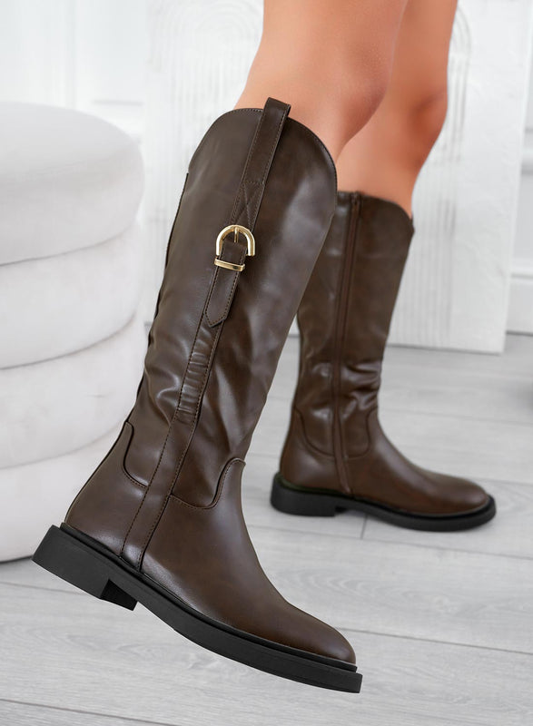 BRIANNA - Brown boots with side gold buckle