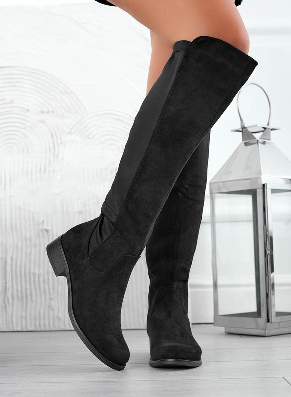 GABRIEL - Black thigh high boots with elastic fabric back