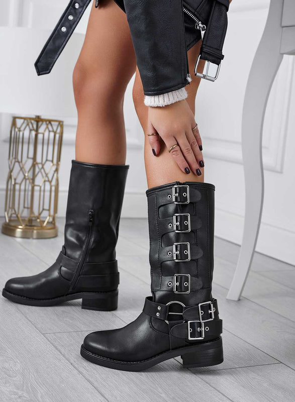 NASTIA - Black biker boots with silver buckles