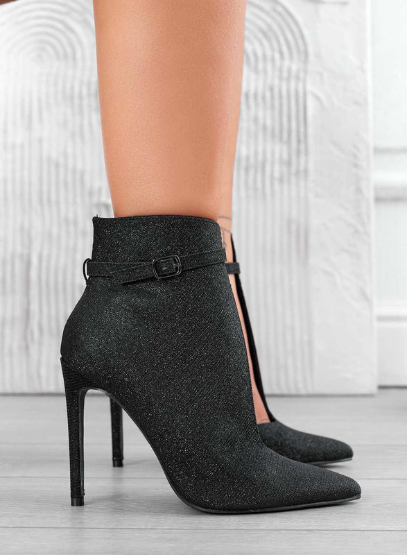 ADELAIDE - Bottines noires pailletées avec ouverture latérale et talon haut aiguille