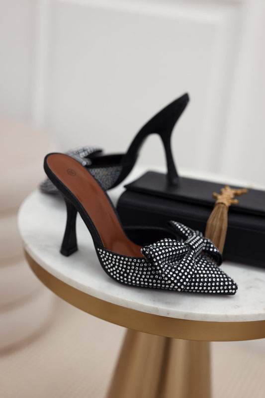 JUSTINE - Black pumps with open back bow and rhinestones
