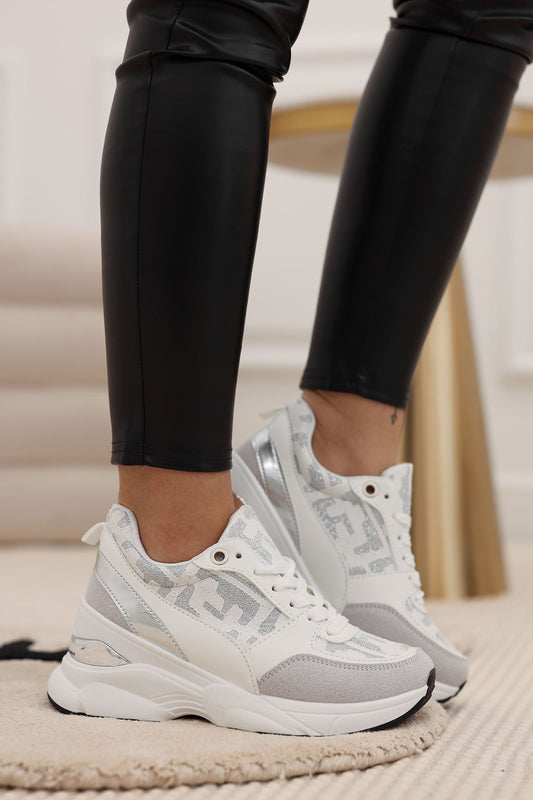 SABINA - White sneakers with silver glitter details