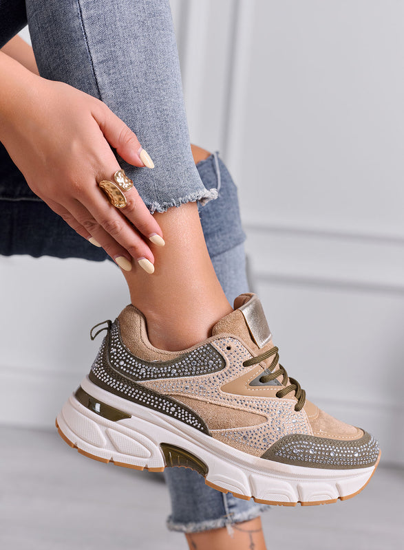 LOGAN - Sneakers Donna Beige e Verde con Strass e Suola Chunky