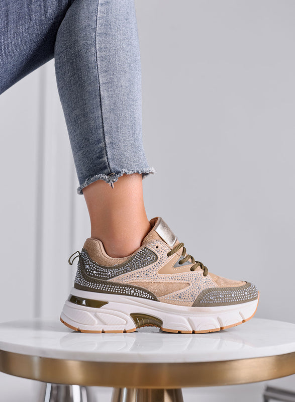 LOGAN - Sneakers Donna Beige e Verde con Strass e Suola Chunky