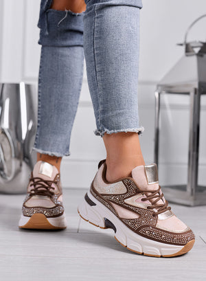 LOGAN - Sneakers Donna Marroni e Rosa con Strass e Suola Chunky