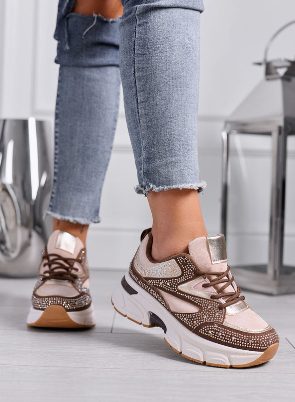 LOGAN - Sneakers Donna Marroni e Rosa con Strass e Suola Chunky