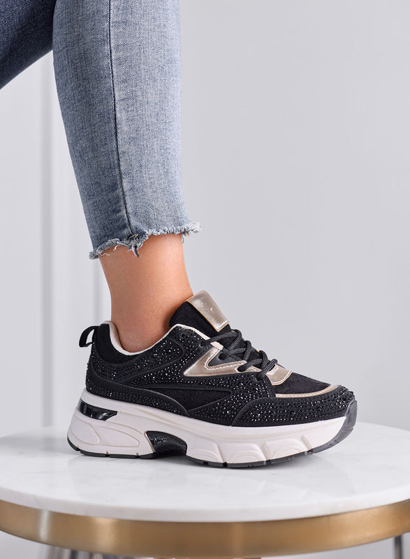 LOGAN - Sneakers Donna Nere e Oro con Strass e Suola Chunky