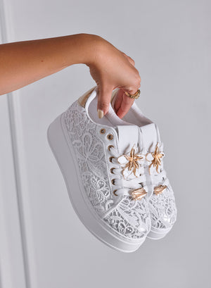 HOPE - Sneakers Donna Bianche in Pizzo con Applicazioni Floreali Oro