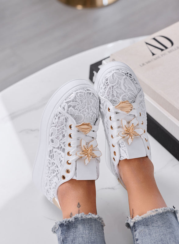 HOPE - Sneakers Donna Bianche in Pizzo con Applicazioni Floreali Oro