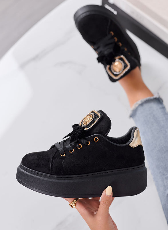 HANNA - Sneakers Donna Nere Platform in Camoscio con Dettagli Oro