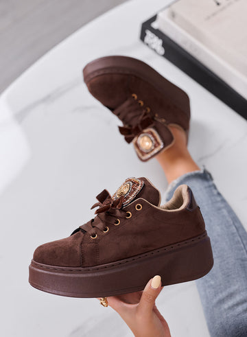 HANNA - Sneakers Donna Marroni con Suola Alta e Dettagli Gioiello oro