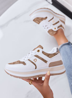 NINA - Sneakers Donna Platform Bianche con Inserti Stampa Beige