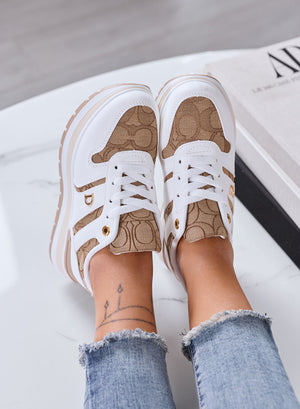 NINA - Sneakers Donna Platform Bianche con Inserti Stampa Beige