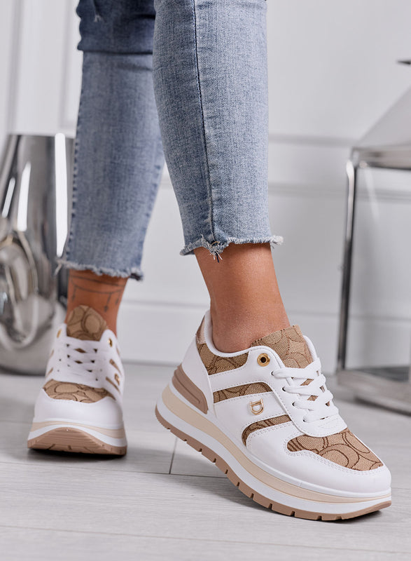 NINA - Sneakers Donna Platform Bianche con Inserti Stampa Beige