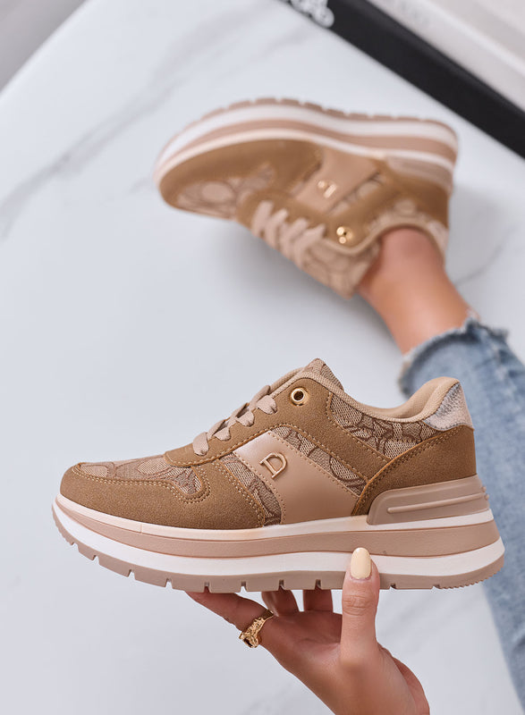 NINA - Sneakers Donna Platform Fango con Inserti Stampa Monogram