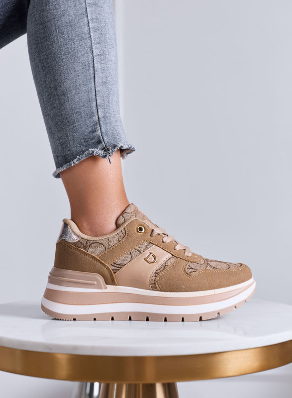 NINA - Sneakers Donna Platform Fango con Inserti Stampa Monogram