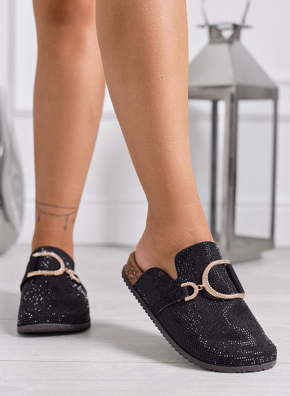 GINA - Ciabatte Sabot Donna Nere con Strass e Fibbia Gioiello