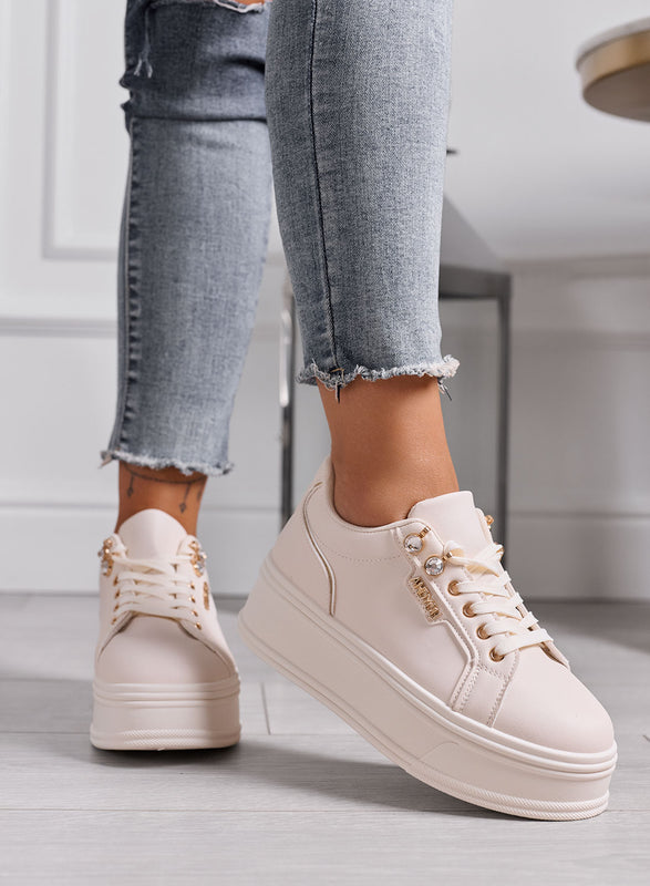 FLORA - Sneakers Platform Donna beige con Dettagli Gioiello