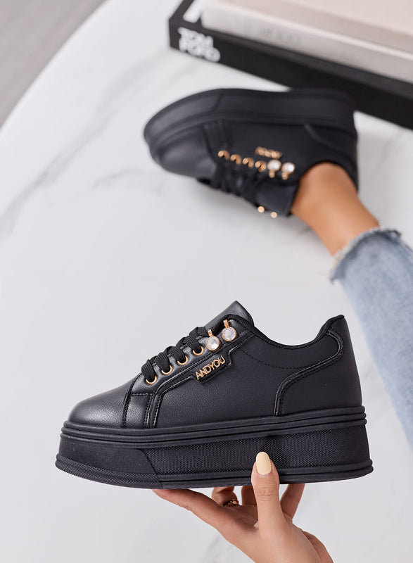 FLORA - Sneakers Platform Donna nere con Dettagli Gioiello