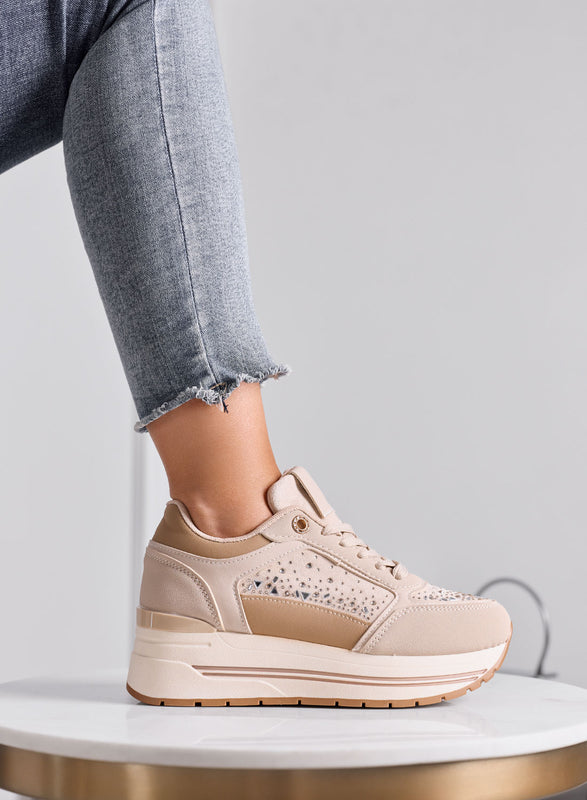 ELEONORA - Sneakers Platform Donna Beige con Strass