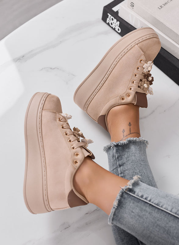 PAIGE - Sneakers donna beige con fiori sui lacci