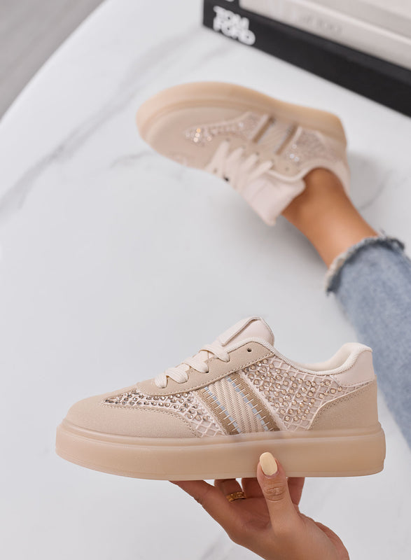 NOISE - Sneakers Donna Beige con Strass e Inserti in Rete