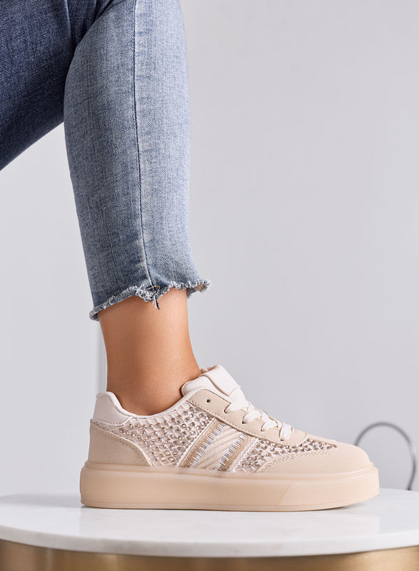 NOISE - Sneakers Donna Beige con Strass e Inserti in Rete