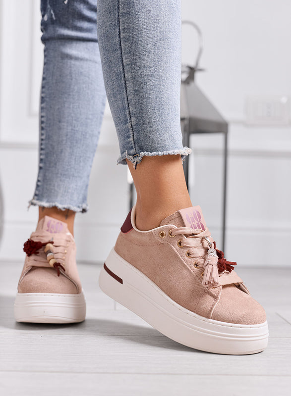 DOROTHY - Sneakers Rosa Scamosciate Platform con Dettagli Bordeaux