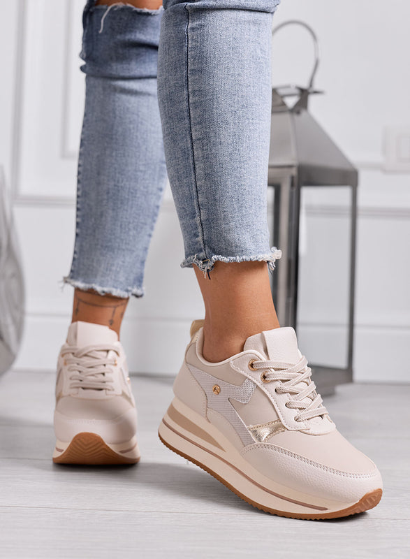GABRIEL - Sneakers Donna Beige Platform con Dettagli Oro